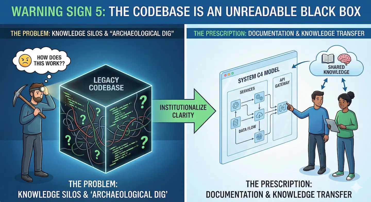 Infographic showing the transition from an unreadable legacy codebase 'black box' to a documented System C4 Model, illustrating how to solve knowledge silos and architectural drift in startups.