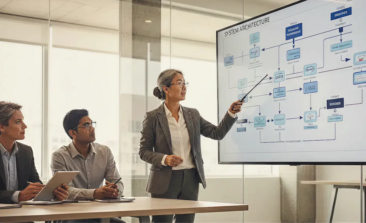 A specialist software architect presenting technical diagrams, representing fractional expertise used to fill critical skill gaps in a scaling startup.