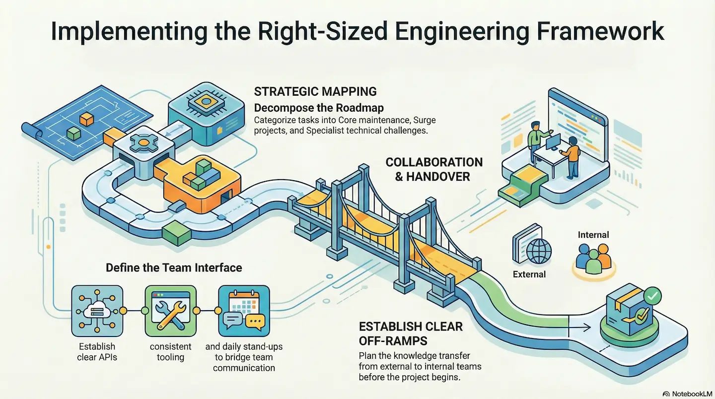 A strategic project roadmap and dashboard showing the integration of core and surge teams within the Right-Sized development framework.