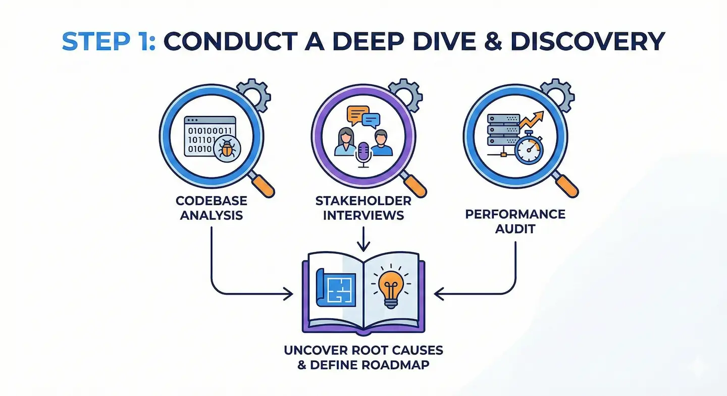 Infographic illustrating Step 1 of rescuing a failing app: conducting a deep dive discovery through codebase analysis, user interviews, and performance auditing to uncover root causes.