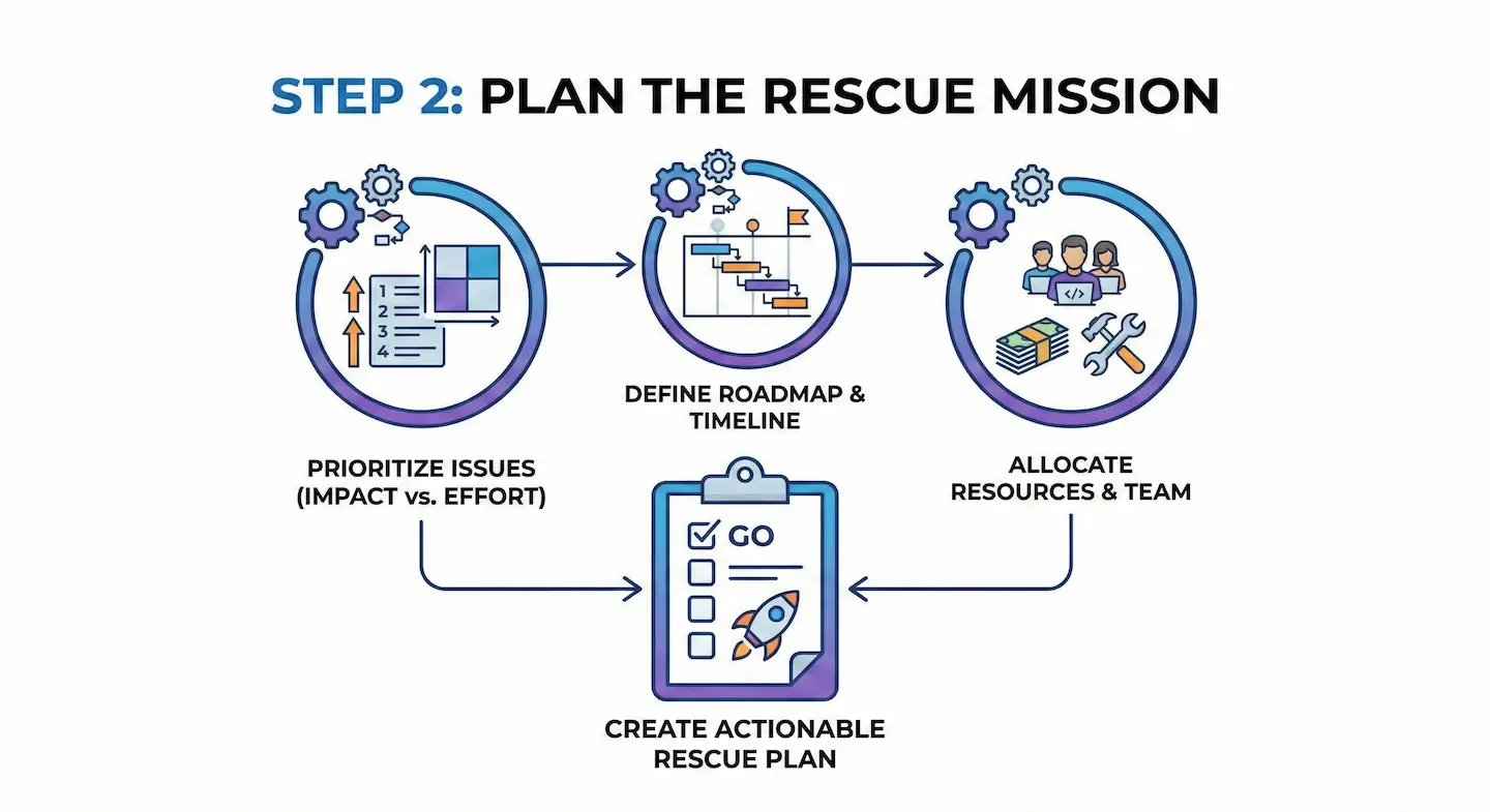 Infographic illustrating Step 2 of a software rescue mission: creating an actionable plan by prioritizing issues (impact vs. effort), defining a strategic roadmap and timeline, and allocating necessary resources and team members.