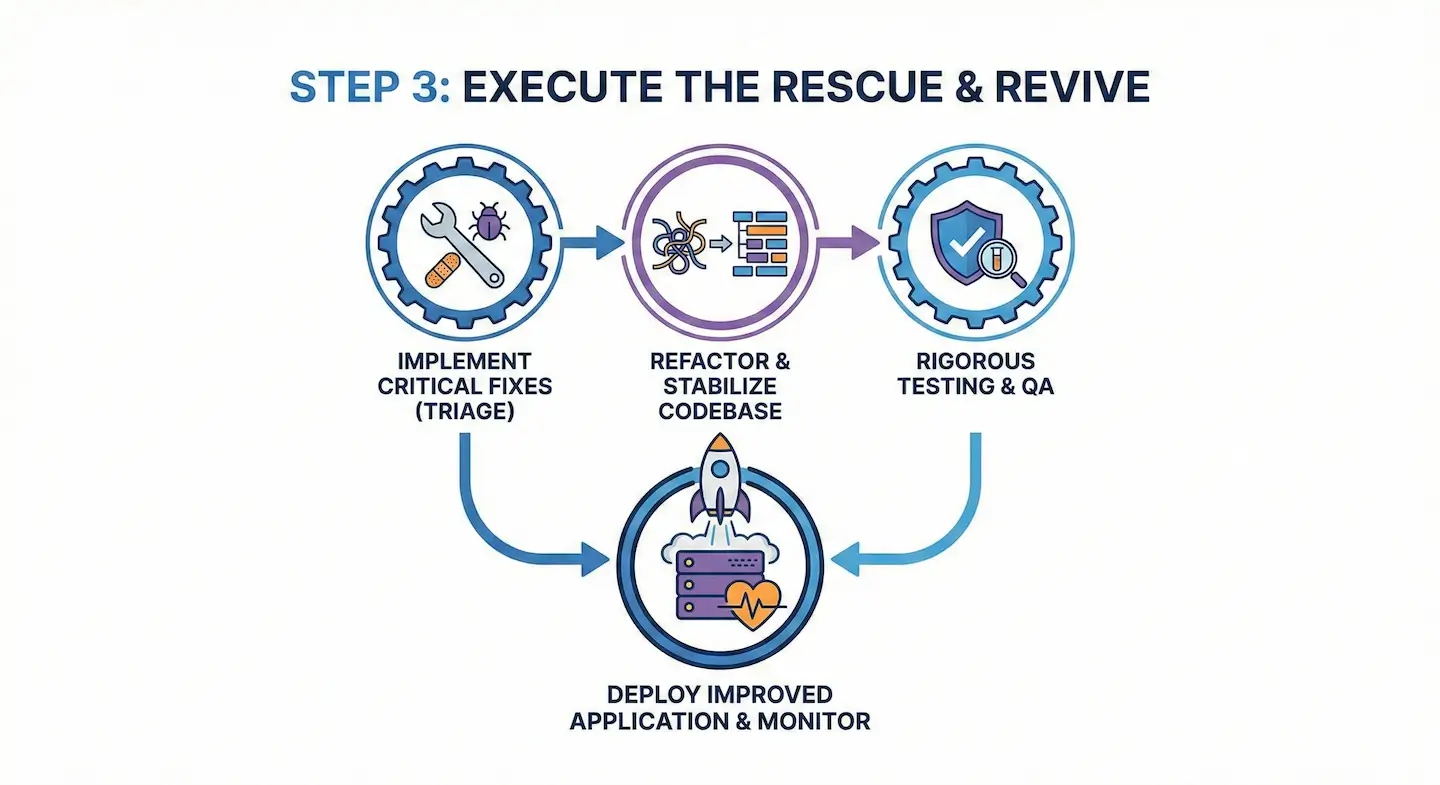 Infographic illustrating Step 3 of a software rescue mission: executing the rescue by implementing critical triage fixes, refactoring the codebase, conducting rigorous QA testing, and deploying the improved application with monitoring.
