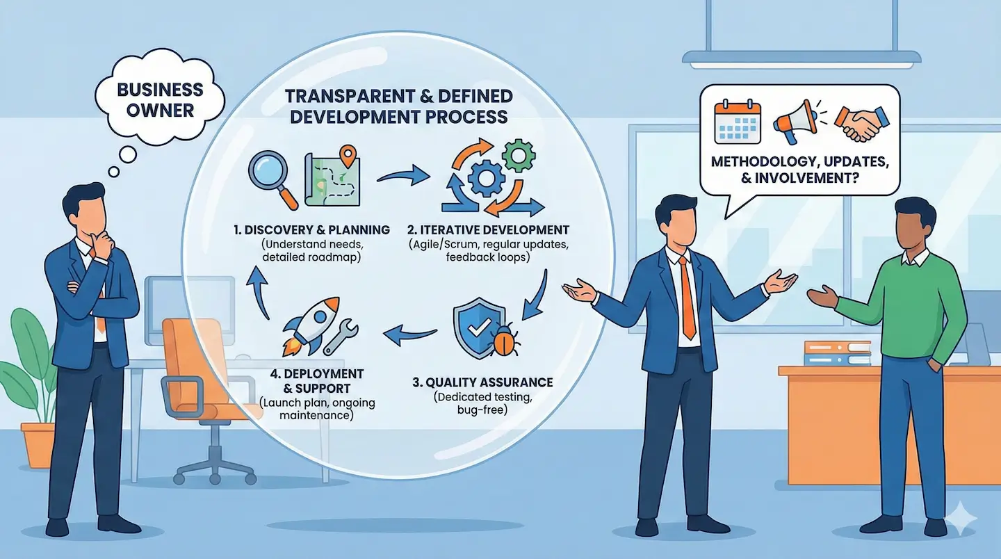 A business owner visualizing a 'Transparent & Defined Development Process' cycle while consulting with a development team. The cycle details four key stages: 1. Discovery & Planning, 2. Iterative Development, 3. Quality Assurance, and 4. Deployment & Support. The team discusses methodology, updates, and involvement.