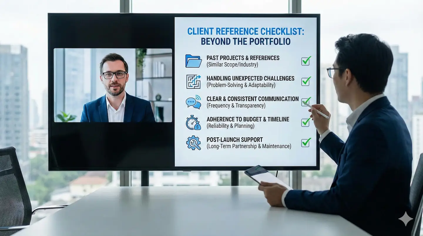 A business executive conducting a client reference interview via video call while reviewing a 'Client Reference Checklist: Beyond the Portfolio'. The checklist highlights key vetting points: past projects, handling unexpected challenges, communication clarity, adherence to budget and timeline, and post-launch support.