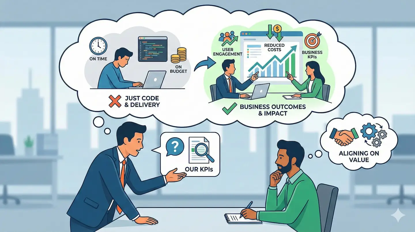A business owner explaining project success metrics to a software partner. A thought bubble contrasts 'Just Code & Delivery' (time, budget) with 'Business Outcomes & Impact' (user engagement, reduced costs), showing the importance of aligning on business value and KPIs.