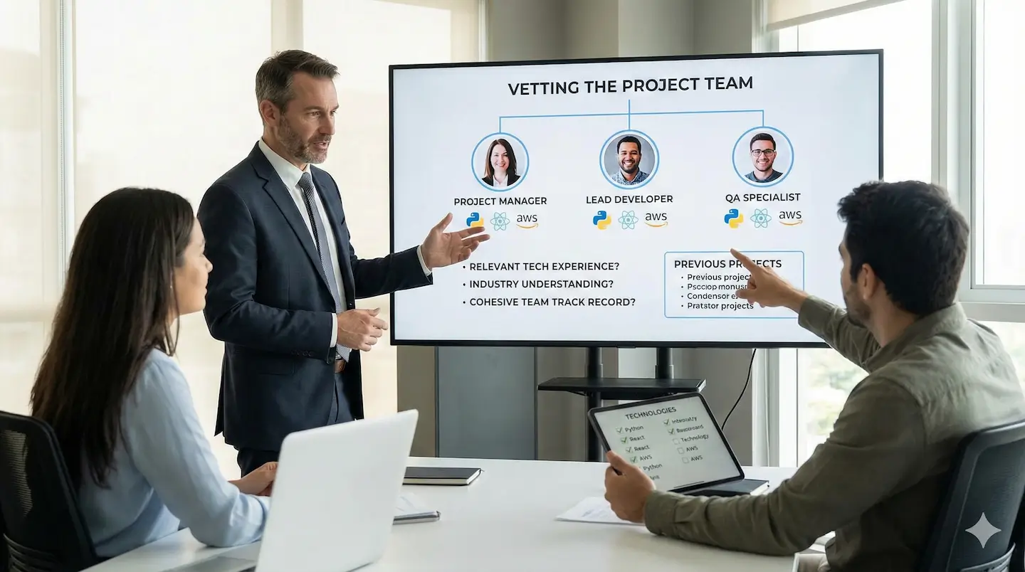 A business executive presenting 'Vetting the Project Team' on a large screen to colleagues, highlighting key roles like Project Manager, Lead Developer, and QA Specialist alongside a checklist for relevant tech experience and industry understanding.