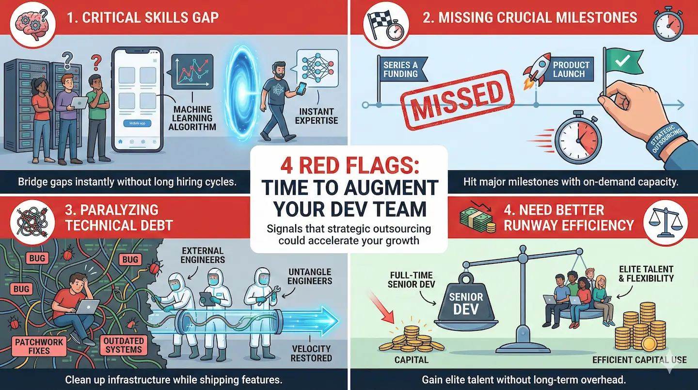 A four-quadrant infographic illustrating the '4 Red Flags: Time to Augment Your Dev Team.' Panel 1 shows bridging a critical skills gap instantly by bringing in an external machine learning expert. Panel 2 depicts hitting crucial product launch milestones by adding on-demand capacity. Panel 3 shows external engineers cleaning up paralyzing technical debt and outdated systems to restore shipping velocity. Panel 4 illustrates better runway efficiency by contrasting the heavy capital drain of a full-time senior developer against the flexible, efficient capital use of an elite augmented team.