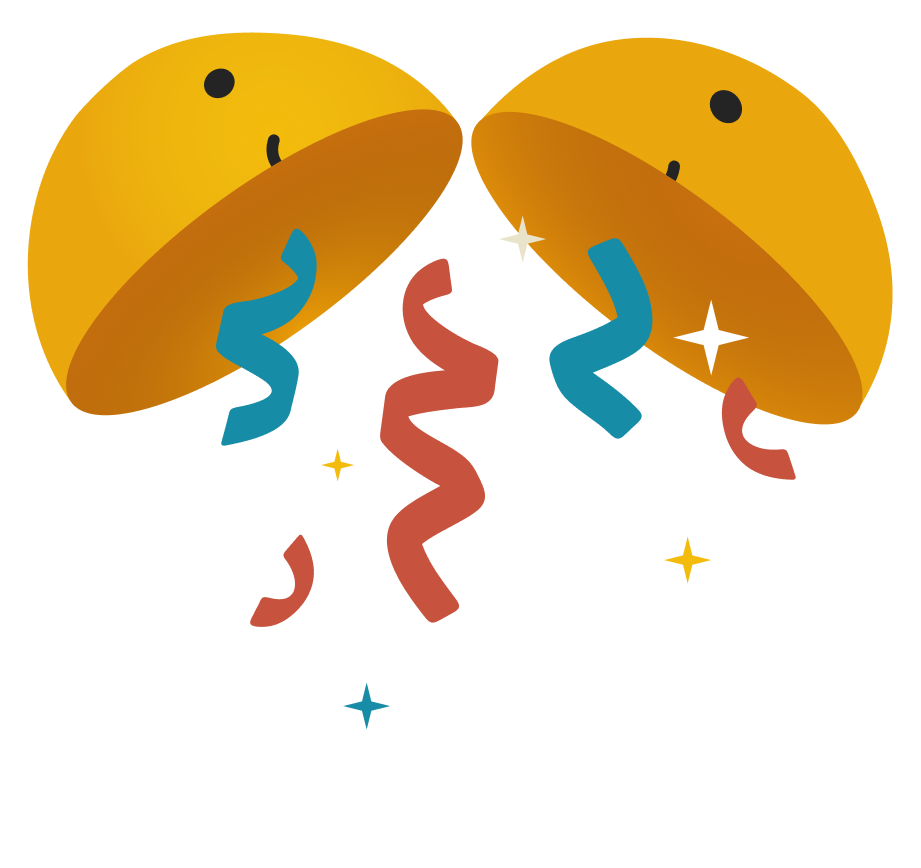 An illustration of a smile blob opening up like a party ball with confetti and sparkles falling out.
