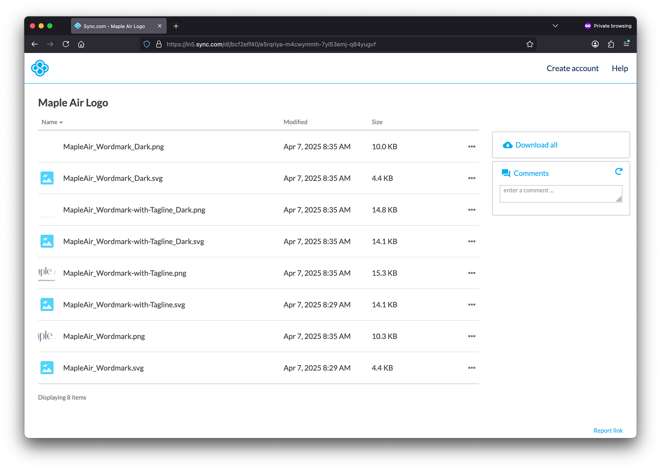 Screenshot of sync.com showing how files will be delivered.