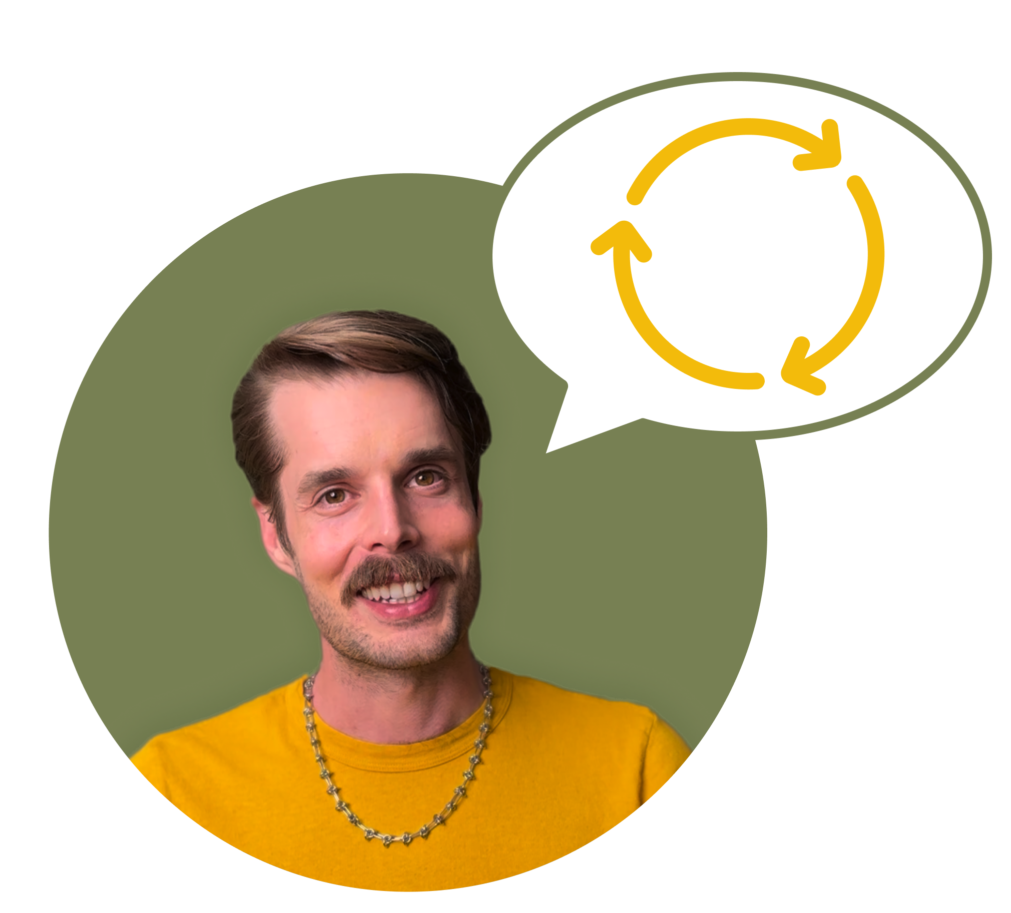Photo of Alexander with a speech bubble containing arrows in an ongoing circle.