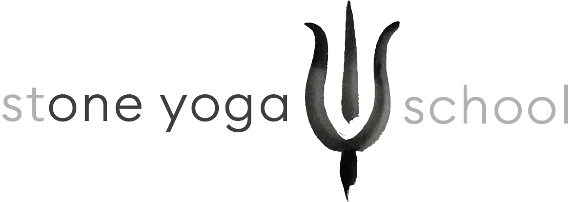The logo for Stone Yoga School, which features text with "one yoga" highlighted in a darker color, and a brushwork element of a trishul. 