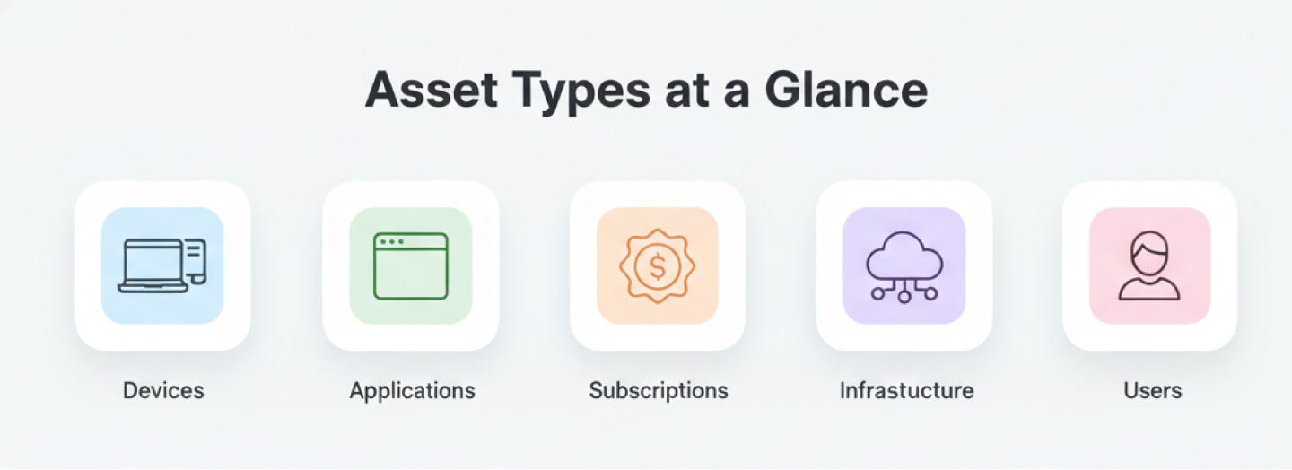 Five‑icon grid showing asset categories: Hardware (Devices), Software (Applications), SaaS (Subscriptions), Cloud (Infrastructure), and People (Users).