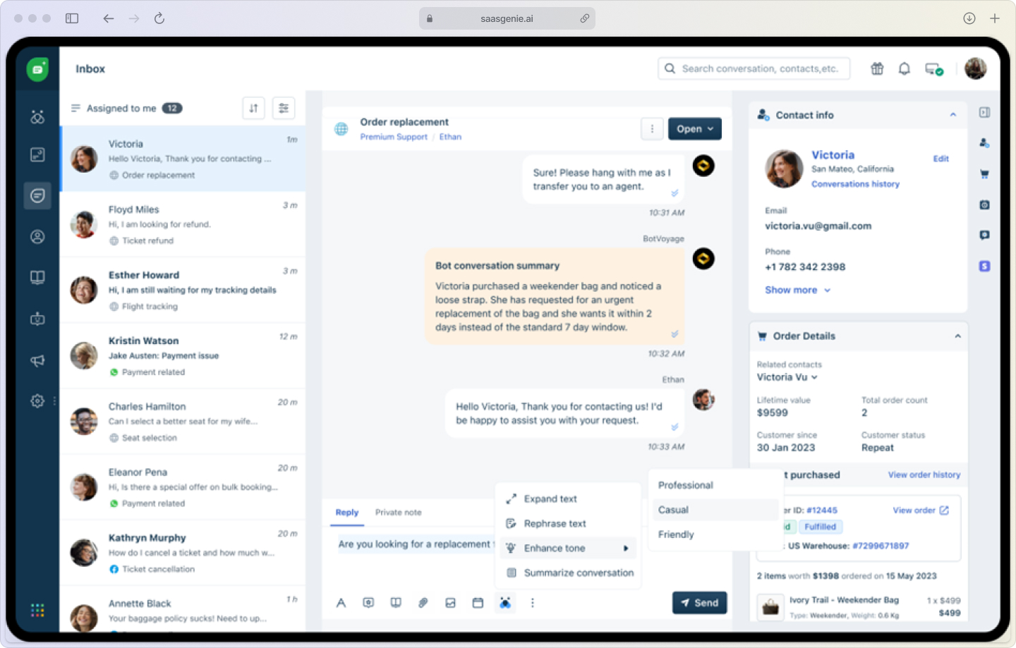 Conversational Freddy AI virtual agent chat interface handling customer requests with intelligent troubleshooting questions.