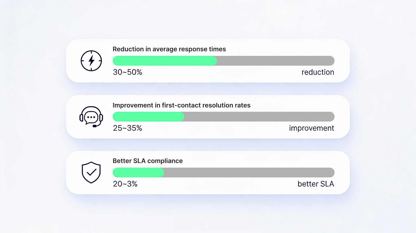 AI service management performance improvements: 30-50% faster response times, 25-35% better first-contact resolution, 20-30% improved SLA compliance
