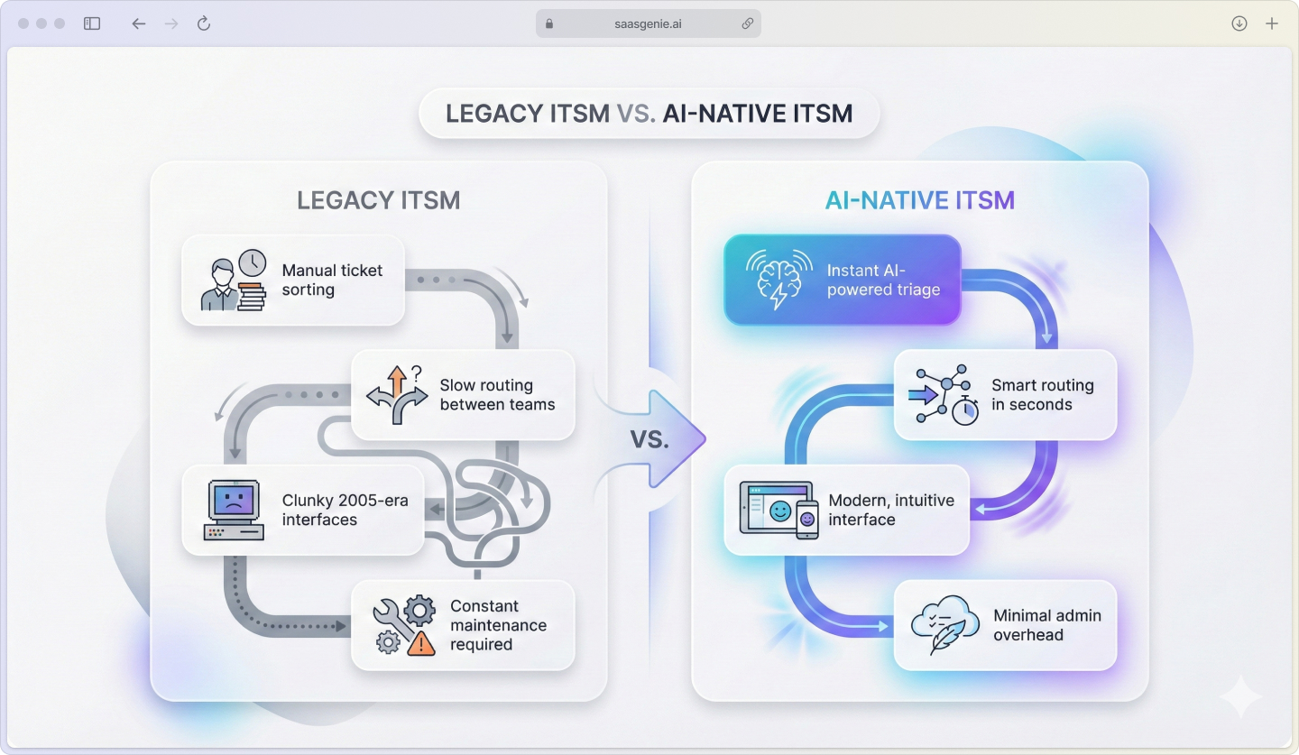 Comparison infographic contrasting legacy ITSM manual processes with AI-native ITSM automation.
