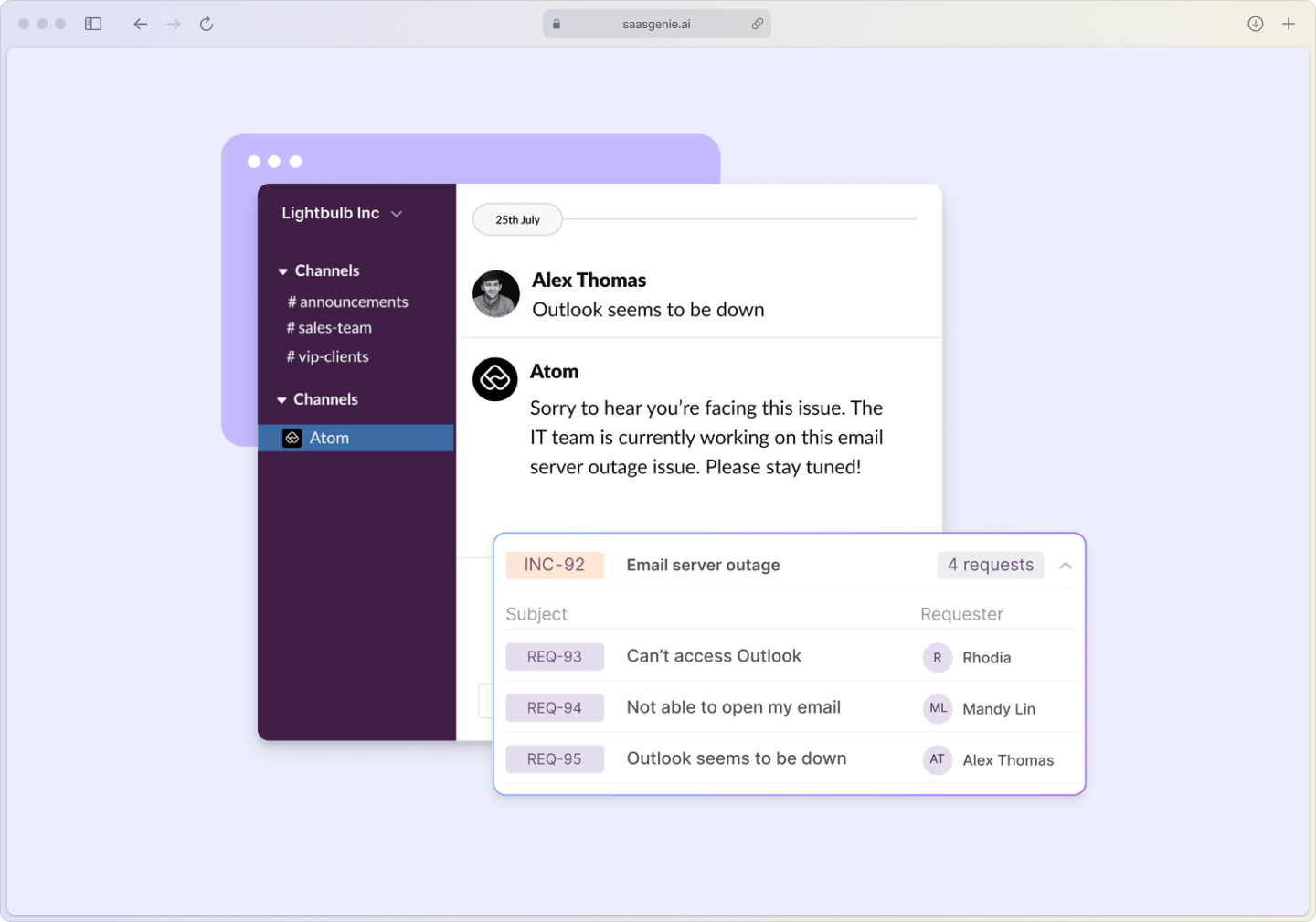 Atomicwork real-time collaboration hub showing team coordination during a major incident