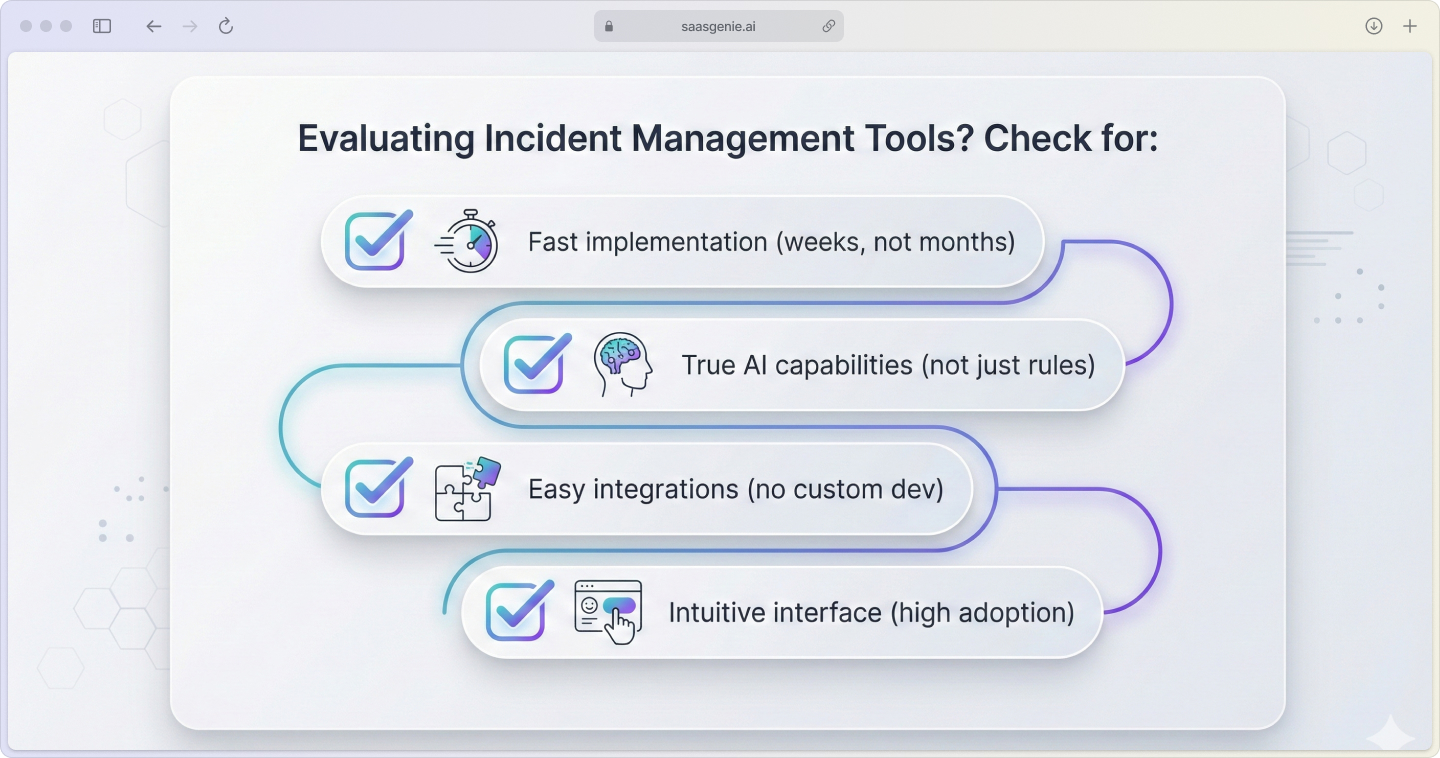 Checklist infographic for evaluating incident management tools including implementation speed, AI depth, integrations, and user adoption