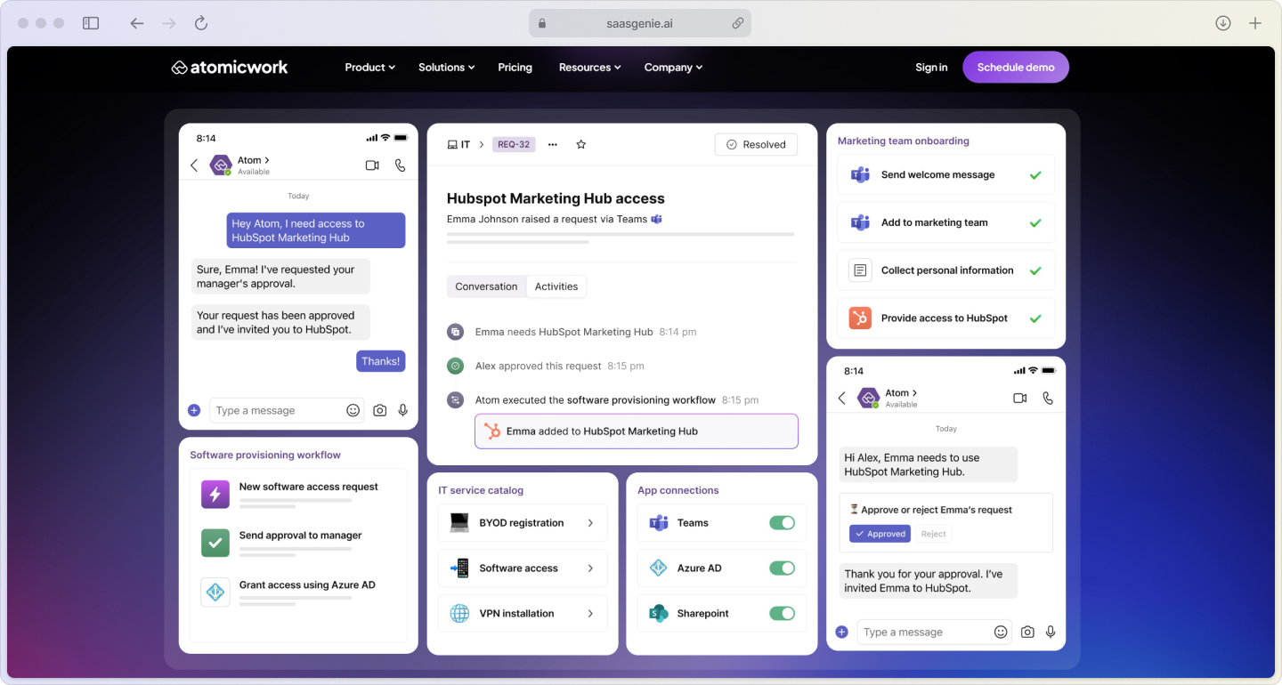 Atomicwork integration ecosystem showing connections to monitoring, communication, and identity management tools 