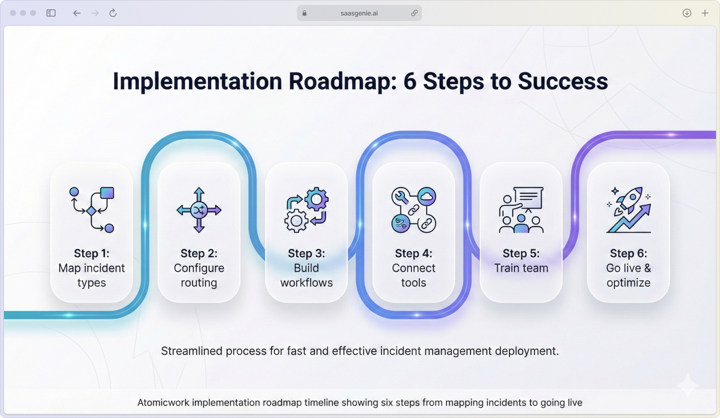Atomicwork implementation roadmap timeline showing six steps from mapping incidents to going live