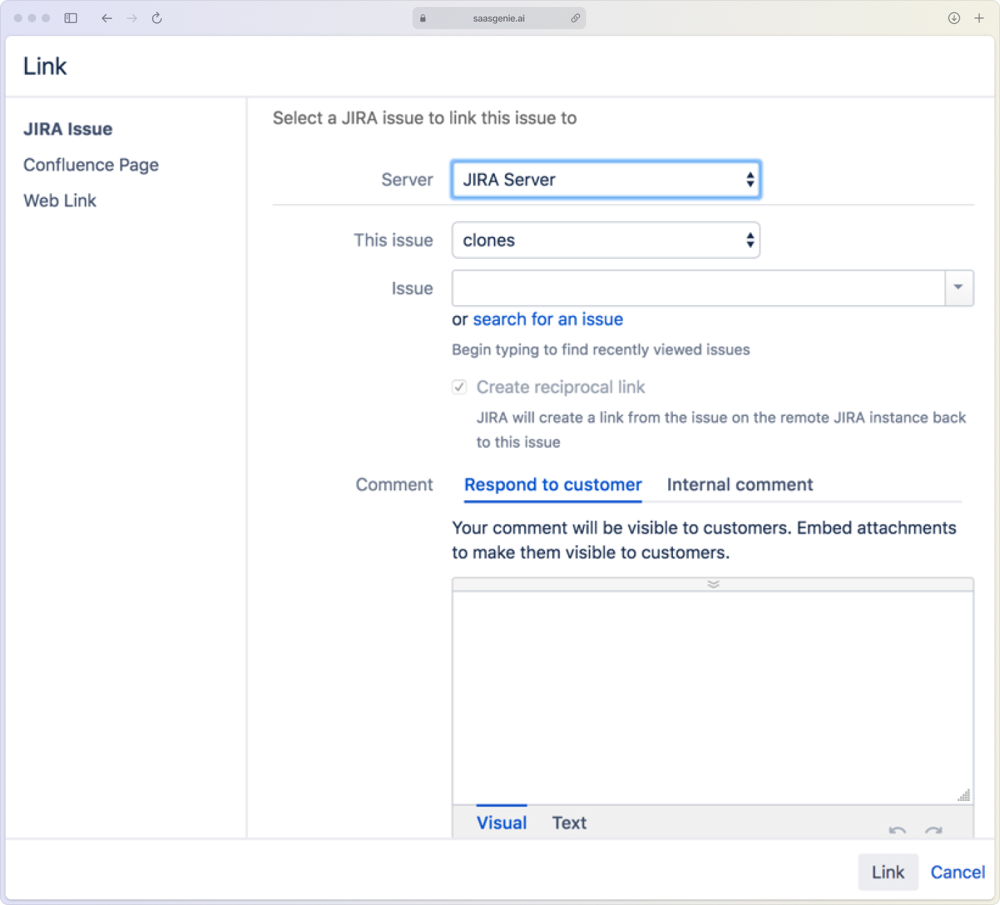 Jira Service Management problem management - screenshot of incident linking to parent problem record