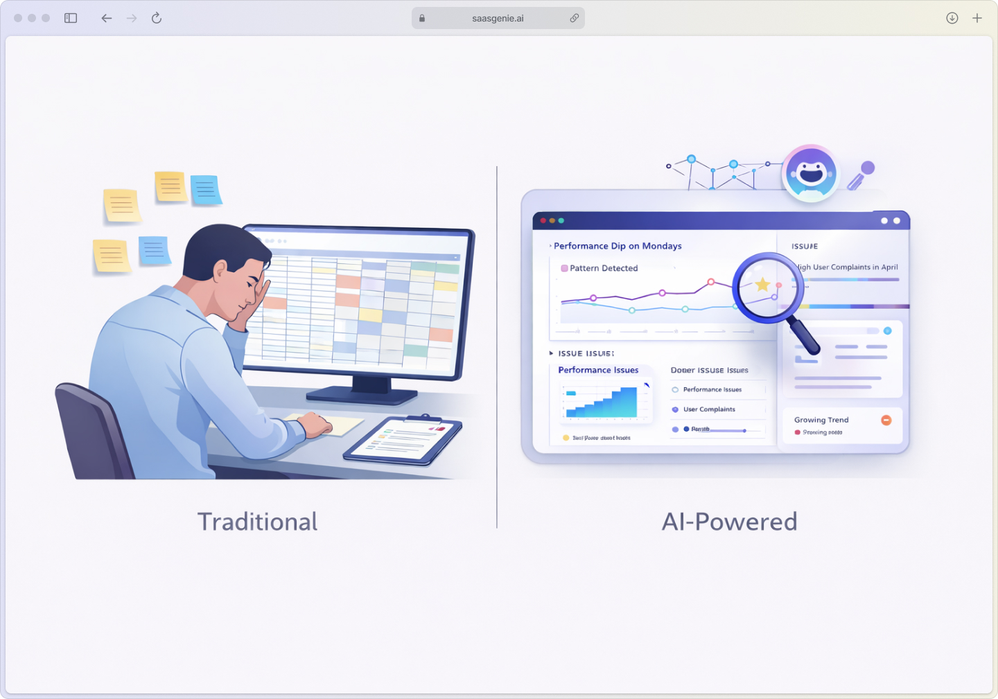 Comparison of traditional manual problem management versus AI-powered automated pattern detection and analysis