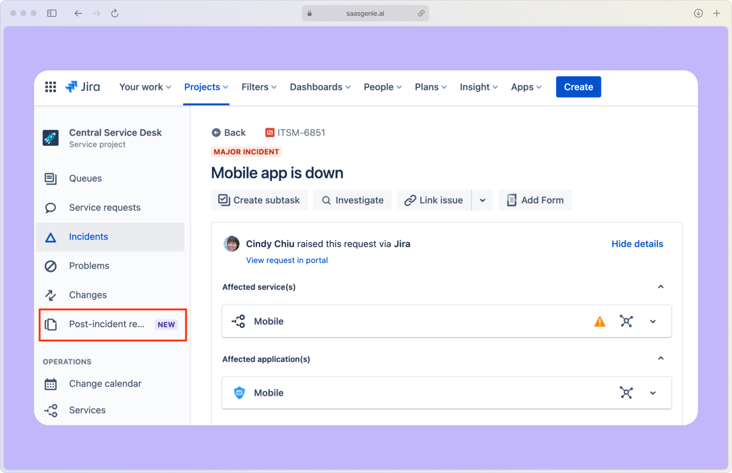 Atomicwork problem management dashboard displaying AI-powered incident grouping and root cause analysis.