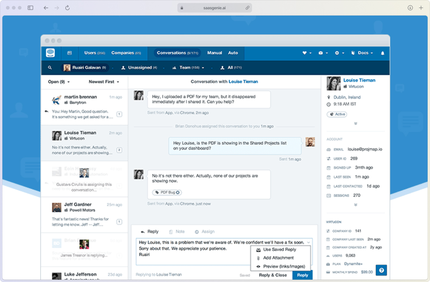 Intercom inbox dashboard displaying organized support conversations sorted by team with visible response time metrics and priority labels.