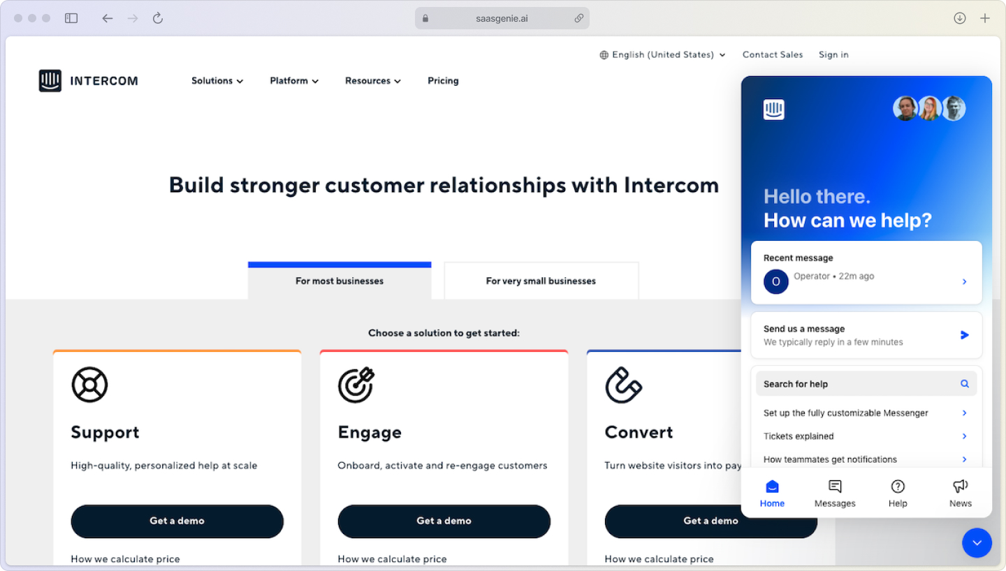 Intercom chat widget from the customer perspective, displaying automated message setting response time expectations based on current team availability.