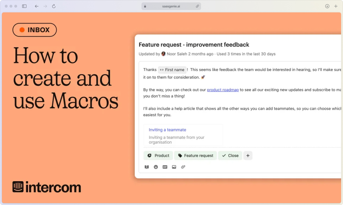Intercom saved reply editor displaying macro template with highlighted personalization tokens for customer name, account details, and custom variables.