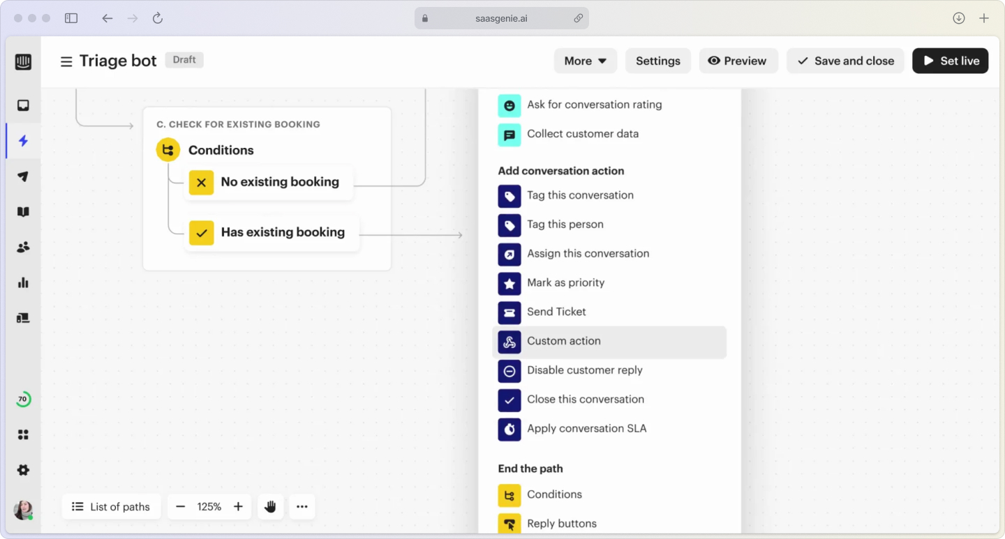 Intercom workflow automation interface displaying trigger conditions for low CSAT scores with subsequent actions including manager notification and follow-up task creation.