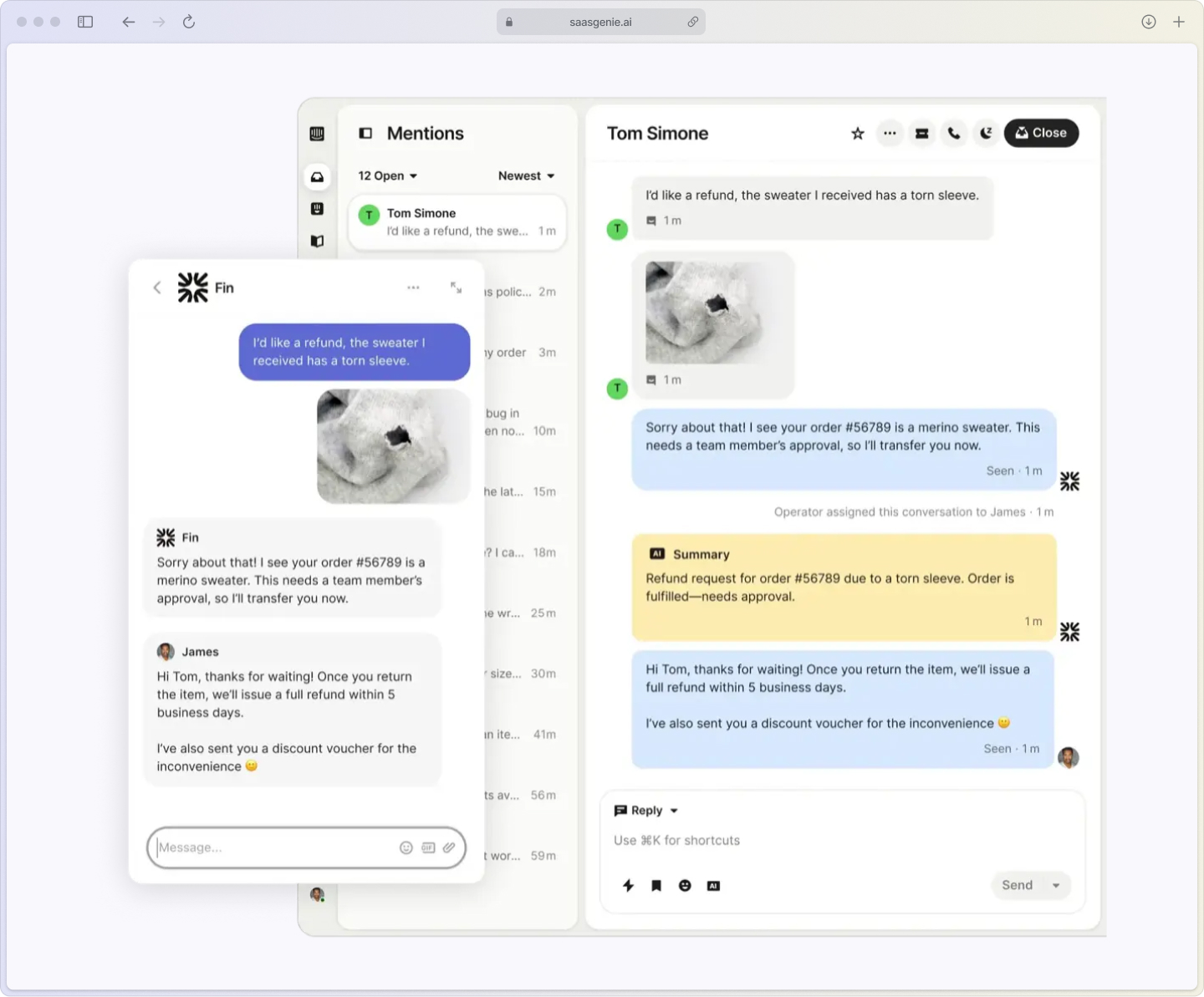 Intercom chat conversation displaying Fin AI bot providing an answer with help article references, followed by seamless transition message toa human support agent with full conversation context.