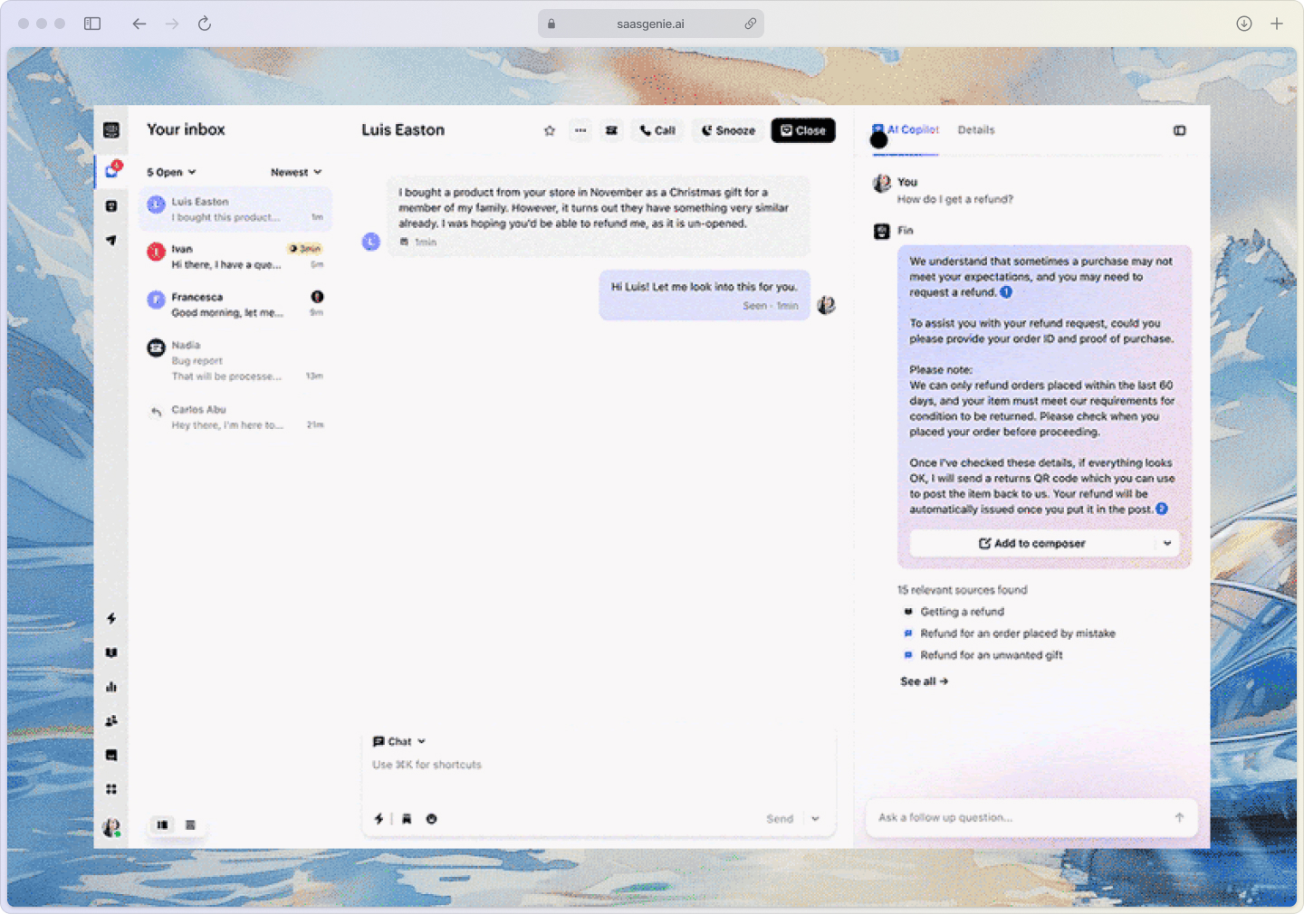Intercom agent workspace displaying AI Copilot panel with AI-generated response suggestions, related knowledge base articles, and customer context information.