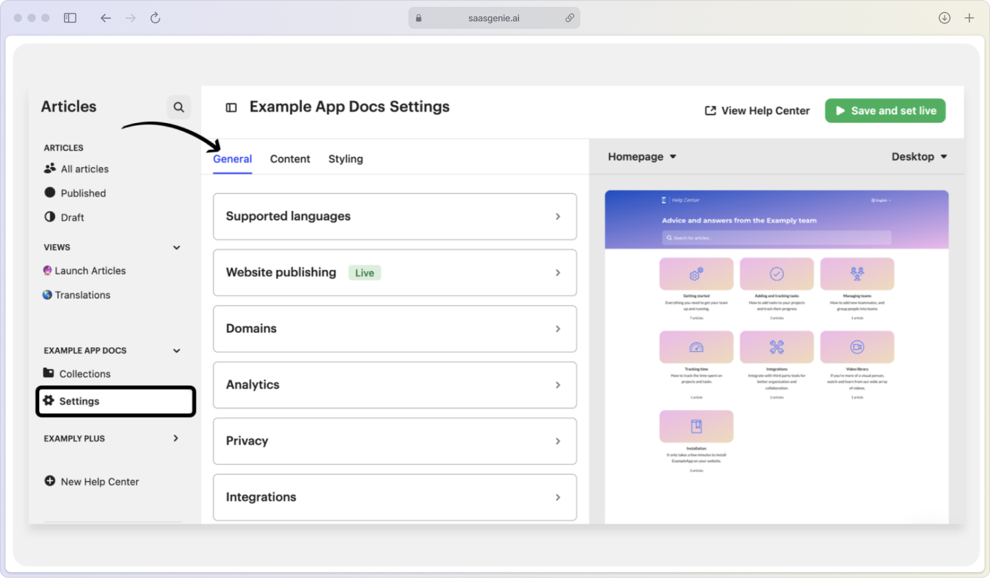 Intercom analytics dashboard displaying help center search metrics, including most searched terms, search success rates, and articles with low engagement.