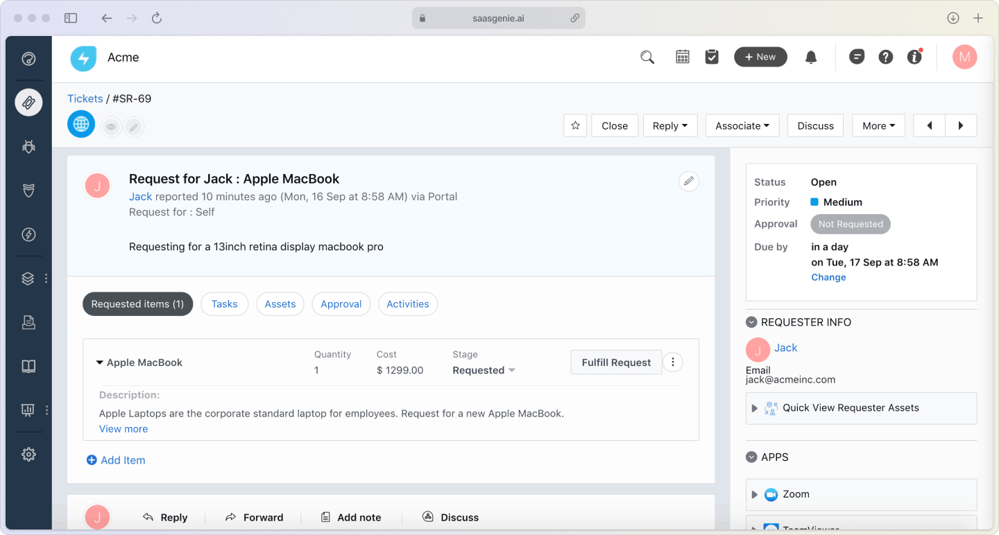 Modern IT service request management Freshservice dashboard displaying an organized service catalog with common requests like software access, hardware requests, and account permissions.