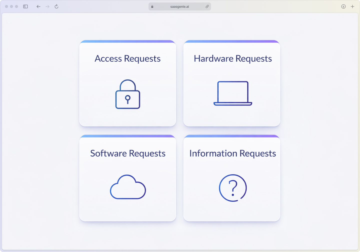 Four categories of IT service requests: access and permissions, hardware and equipment, software and applications, and information and support.
