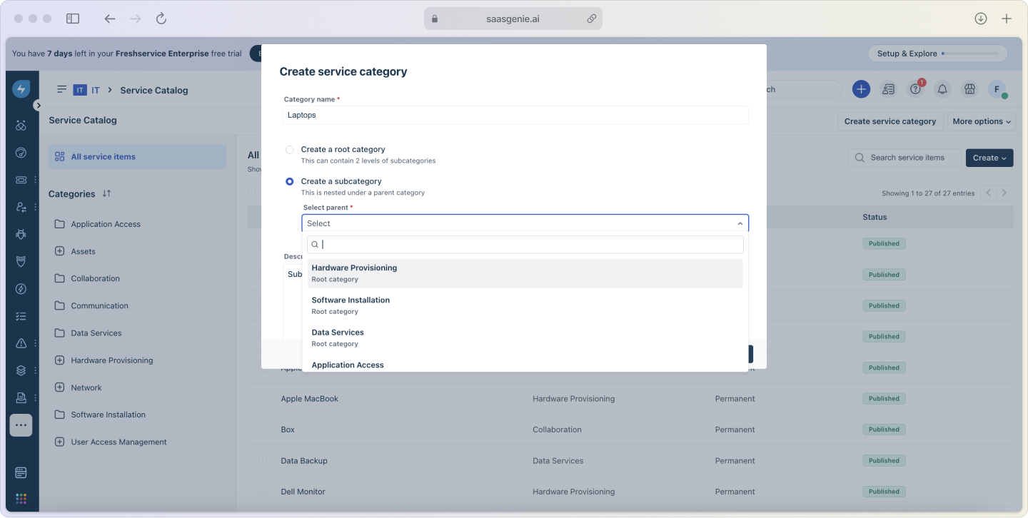 Self-service portal interface displaying organized service catalog with request submission forms for common IT services.