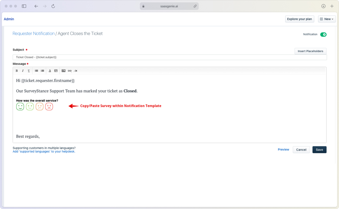 Service request closure screen with satisfaction rating options and feedback collection form for continuous improvement.