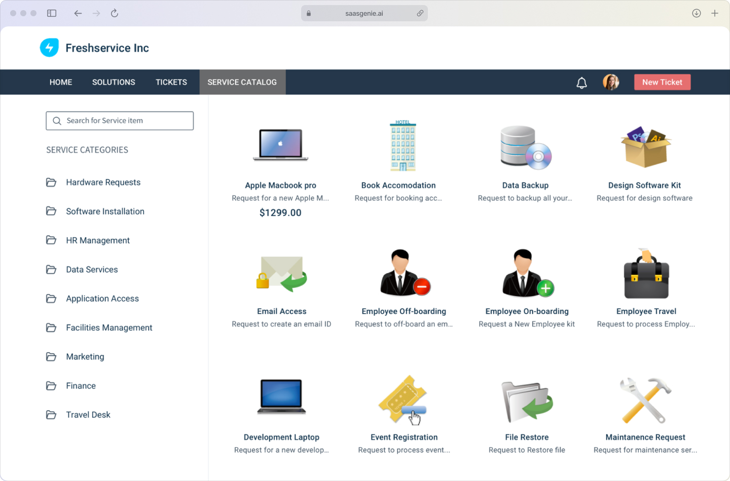 Freshservice self-service portal displaying service catalog with IT requests, HR requests, and Facilities requests categories.