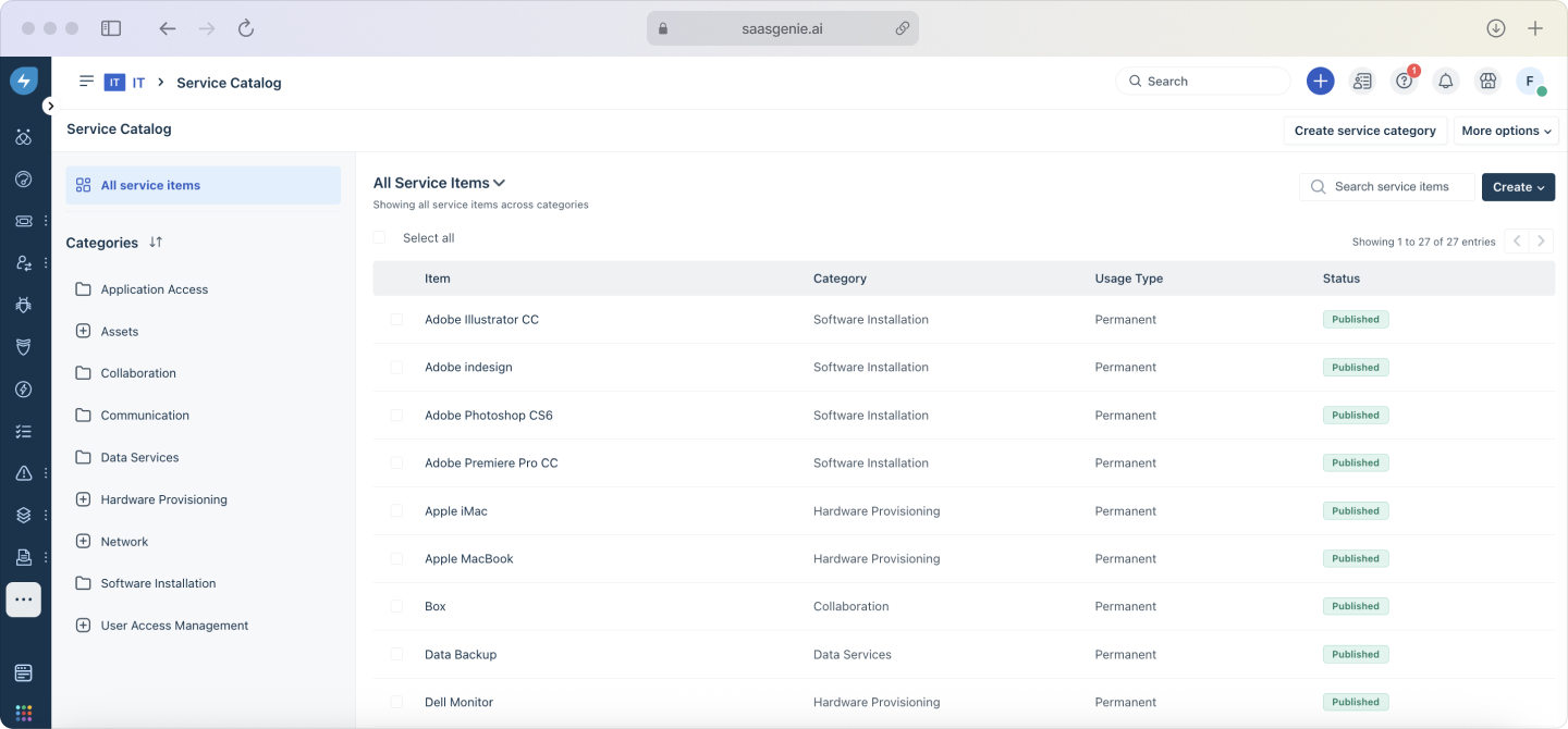 Freshservice service catalog interface showing customizable request forms with structured fields.