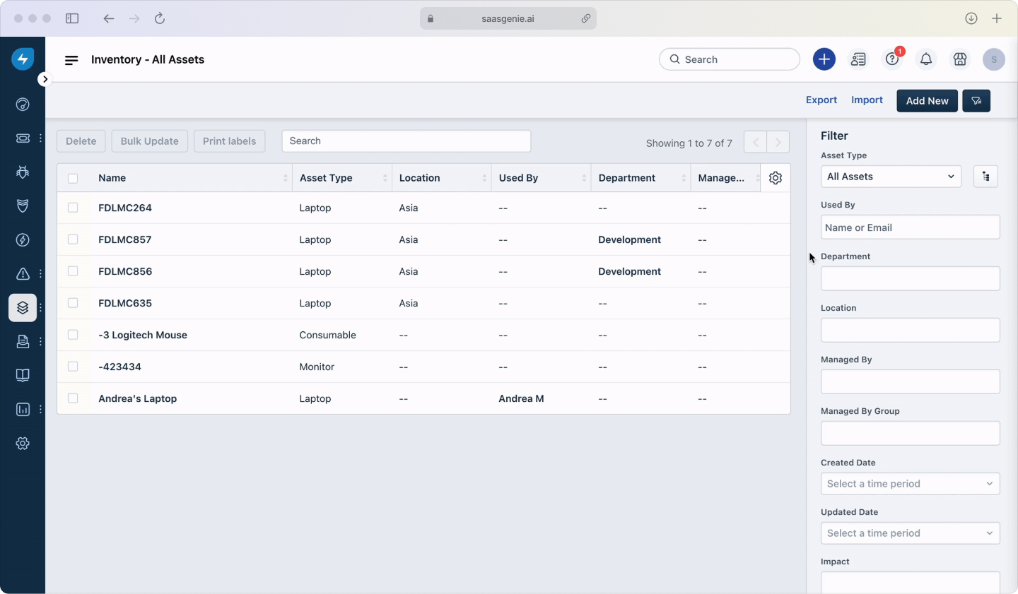 Freshservice fulfillment interface showing asset assignment and inventory management integration.