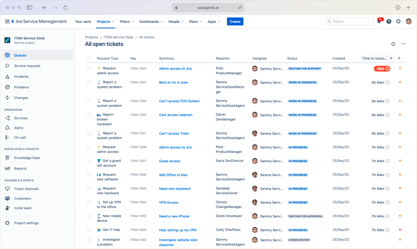 Jira Service Management request type configuration screen displaying separate incident and service request types with distinct forms, fields, and workflow assignments.