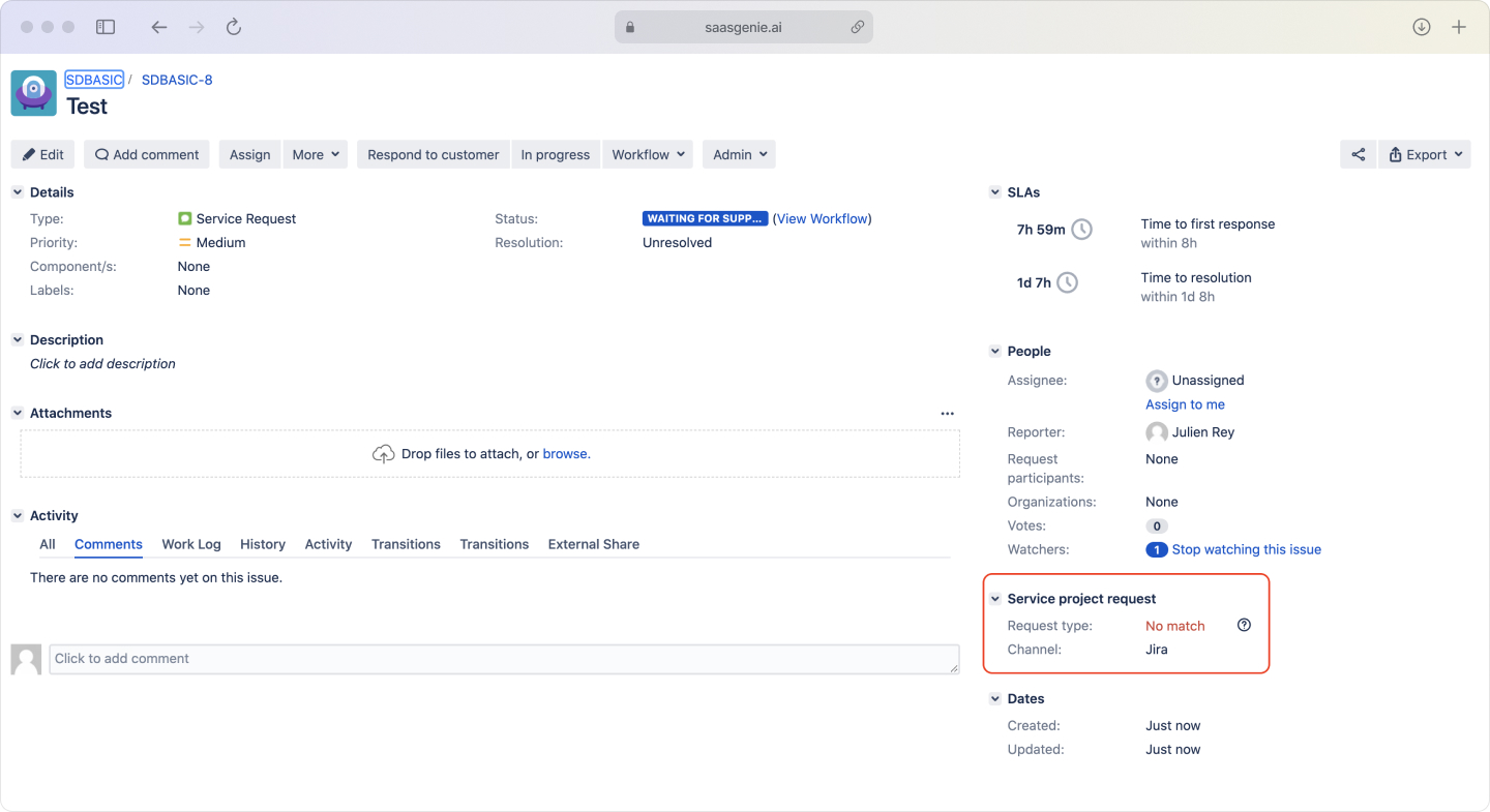 Jira Service Management service catalog displaying pre-defined request types including software access, hardware requests, and application installations with custom forms and approval workflows.