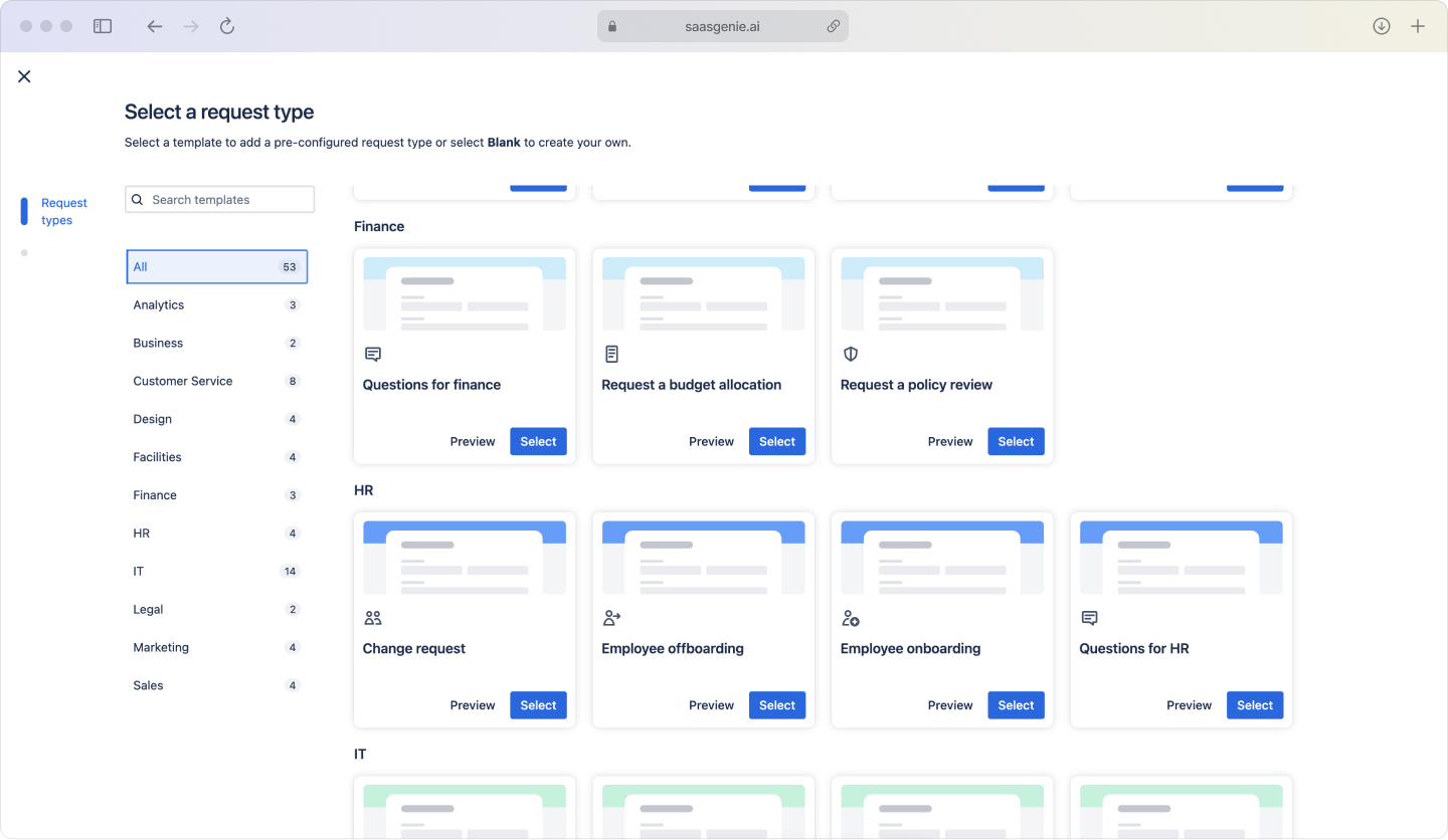 Jira Service Management customer portal with user-friendly request type labels such as 'Something is not working' and 'I need something new' replacing technical ITIL terminology for improved end-user experience.