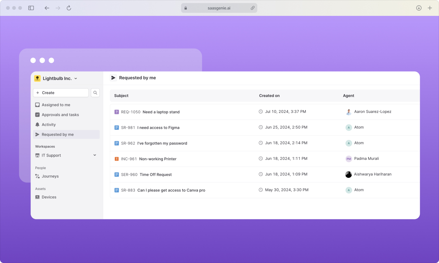 Atomicwork dashboard displaying service requests and incidents automatically classified and routed to appropriate teams.