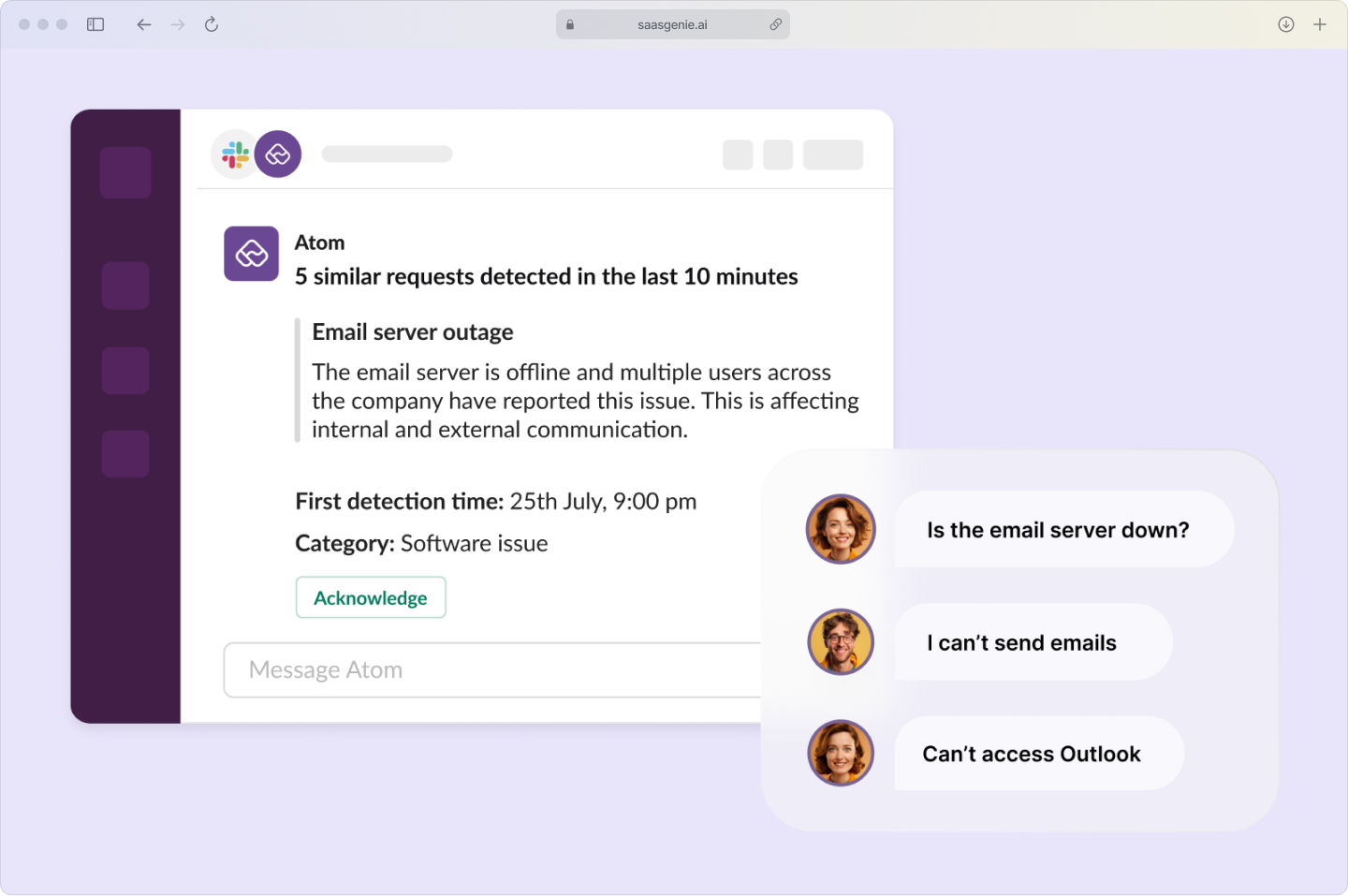 Atomicwork AI assistant in Slack helping employee submit service request for new laptop with guided questions.