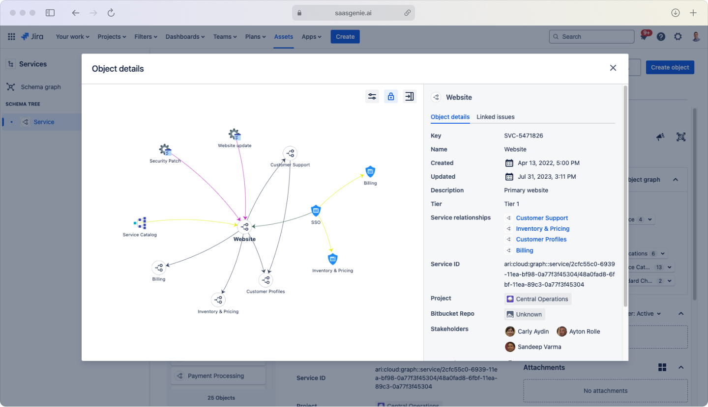 Jira Service Management asset tracking interface integrated with development workflows and project management tools.