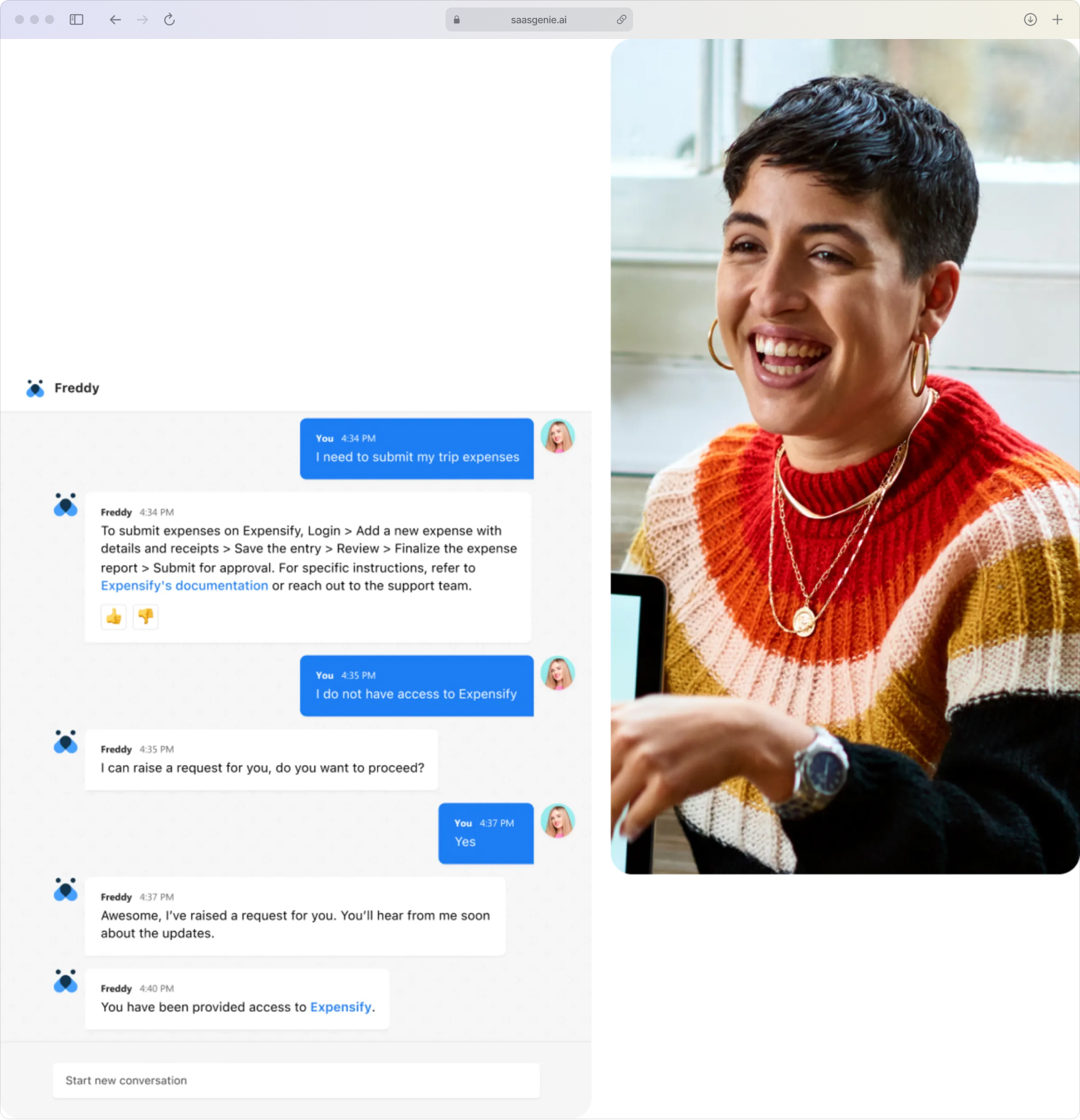 Freshservice Freddy AI chatbot interface showing an employee asking "VPN not working" and the bot responding with troubleshooting steps and ticket creation options