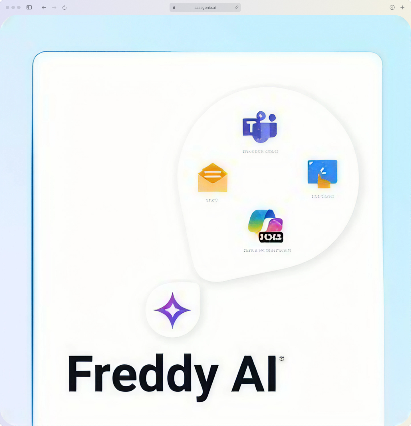 Diagram showing Freshservice Freddy AI chatbot deployed across multiple channels, including Teams, Slack, web portal, and mobile.