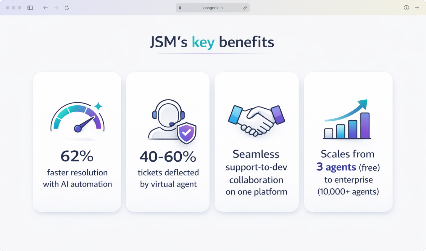 Infographic highlighting JSM's key benefits with statistics: 62% faster resolution, 40-60% ticket deflection, seamless dev collaboration, and scalability from 3 to 10,000+ agents