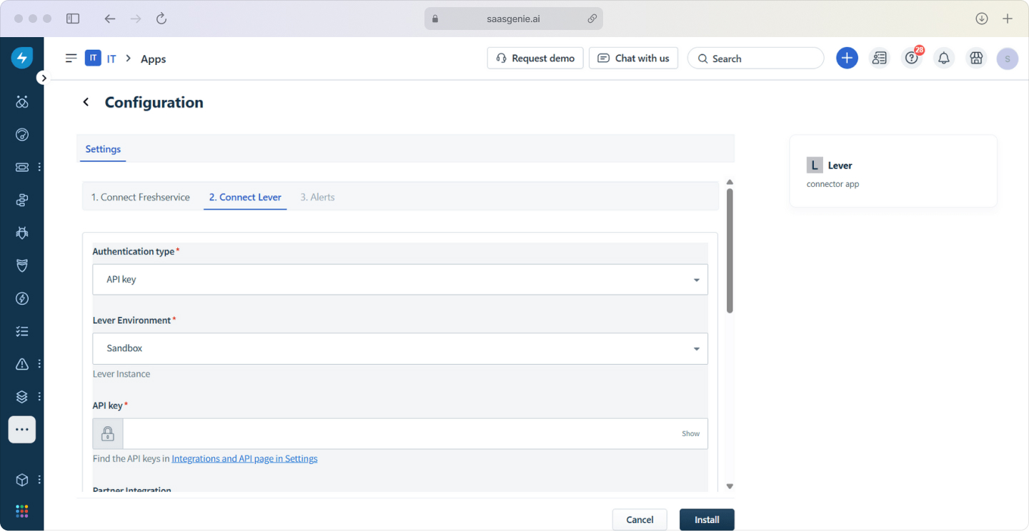 Freshservice integration configuration screen showing active connectors for Okta, Azure AD, and financial data sources.